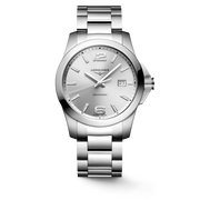 Quadrante blu con indici applicati e lancette rosa dell'orologio Longines Conquest 7